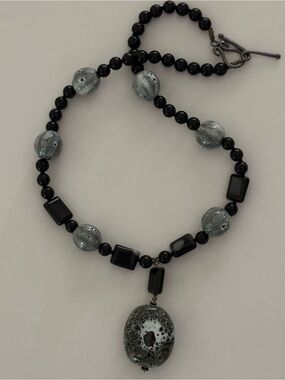 Boho Stone and Bead Necklace with Glossy Gray/Black Center Stone